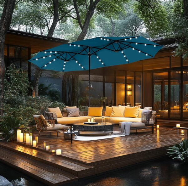 31c03d053c834c7ebc95d122ba247e3c 15ft Double Sided Patio Umbrella with Solar Lights, Outdoor Large Umbrellas with Crank Handle and 36 LED Lights, Rectangular Market Umbrella with Base Included for Deck Pool Shade