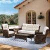 Outdoor Swivel Rocker Patio Chairs with 6-Inch Thick Cushions and Side Table, 3PCS High Back Wicker Patio Furniture Set for Porch, Balcony, Deck and Yard in Blue