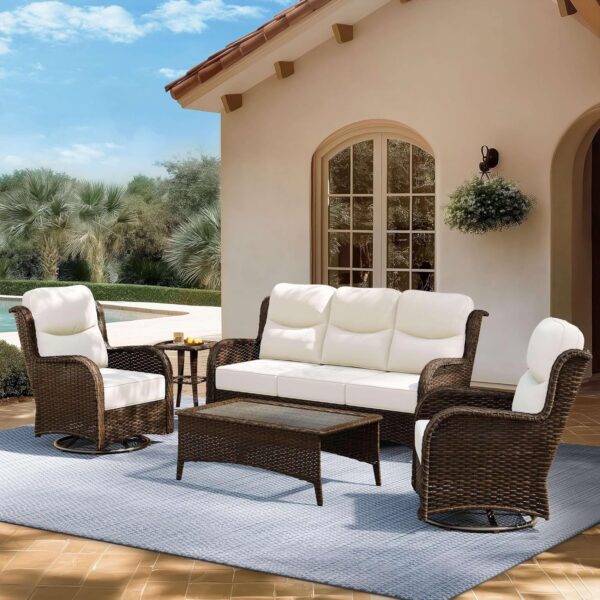 32688a64f2c34a5facacc98559bea057 Outdoor Swivel Rocker Patio Chairs with 6-Inch Thick Cushions and Side Table, 3PCS High Back Wicker Patio Furniture Set for Porch, Balcony, Deck and Yard in Blue