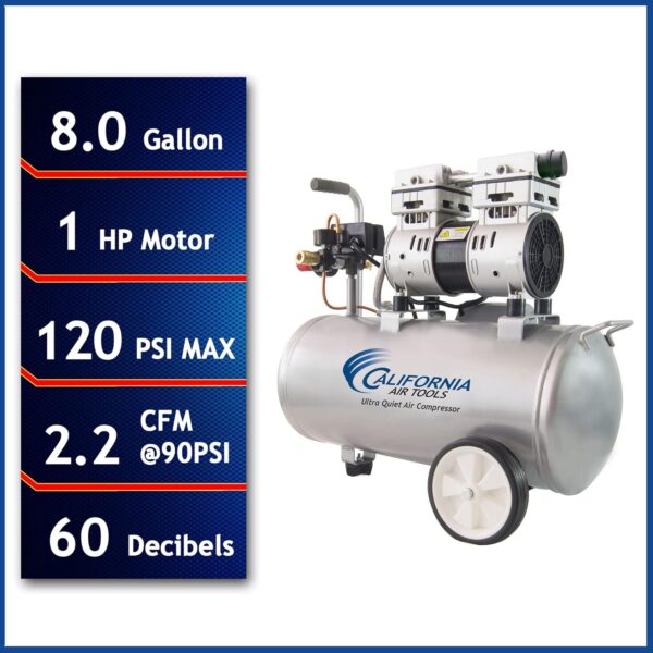 3297bba06fc64aa3bb8b6ea642b72e8a Air Tools 8010 Ultra Quiet Oil-Free Air Compressor, 1.0 HP, 8 Gallon, 120 PSI, 60 dB Noise Level