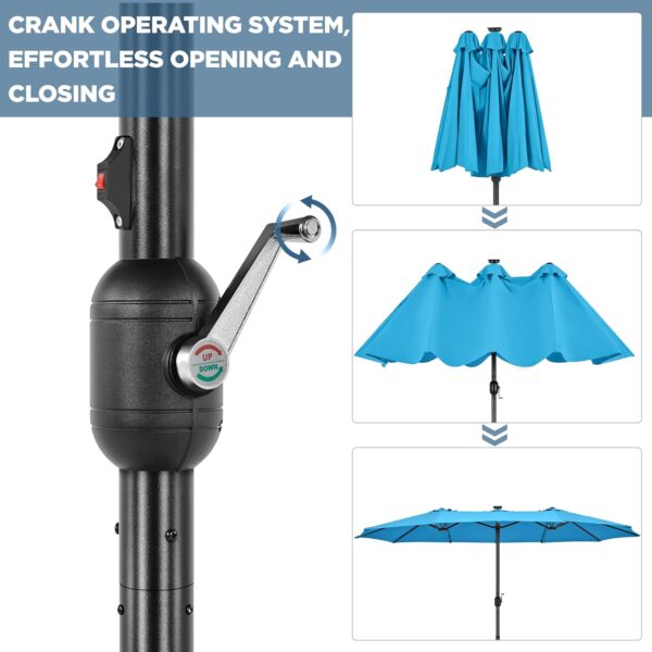 33380657c70f4fc98ddbcea986a3f35e 15 ft Large Patio Umbrella with Solar Lights Double-Sided Outdoor Rectangle Market Umbrellas with 36 LED Lights/Base Included/Easy Crank for Patio Garden Yard Pool Lawn, Brown