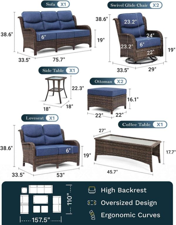 335bed3140ff4704a324bf0fd7adbcda Outdoor Swivel Rocker Patio Chairs with 6-Inch Thick Cushions and Side Table, 3PCS High Back Wicker Patio Furniture Set for Porch, Balcony, Deck and Yard in Blue