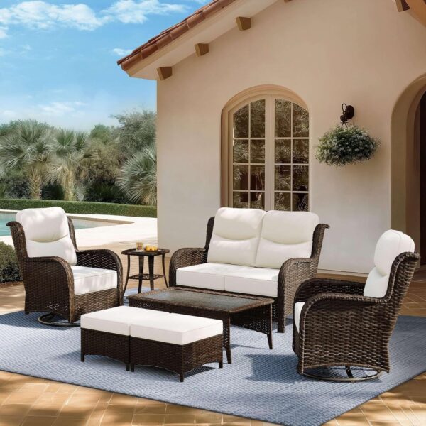 344d519658634c50a3d742ba75c39d30 Outdoor Swivel Rocker Patio Chairs with 6-Inch Thick Cushions and Side Table, 3PCS High Back Wicker Patio Furniture Set for Porch, Balcony, Deck and Yard in Blue