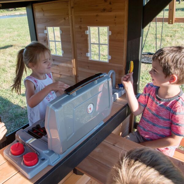 348393477ac64925a524fc050fdffd44 Backyard Discovery Canyon Creek Cedar Wood Swing Set with Wave Slide, Clubhouse, Play Kitchen, Picnic Area, Belt Swings, Web Swing, Rock Wall, Balconies, Playhouse, Step Ladder, Outdoor Playset