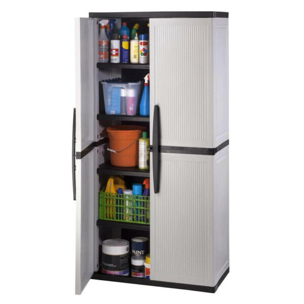 34fddb0317e949d4a9d0a73d9247a16a HDX Gray Plastic Freestanding Garage Cabinet, 35′′W x 71′′H x 18′′D, with Adjustable Shelves and Lockable Doors