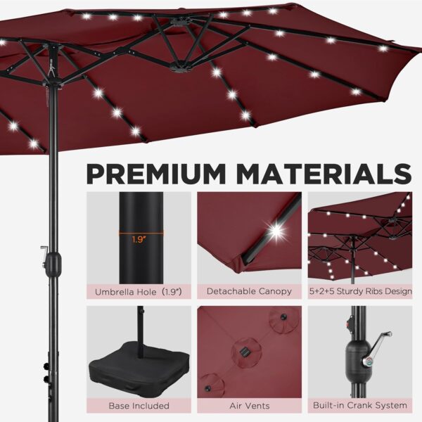 357fbc3591d94973b99b6729b2f23361 15 ft Large Patio Umbrella with Solar Lights Double-Sided Outdoor Rectangle Market Umbrellas with 36 LED Lights/Base Included/Easy Crank for Patio Garden Yard Pool Lawn, Brown