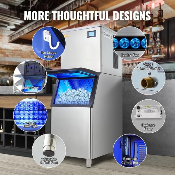 365956551f15432e9077421294058d88 VEVOR Commercial Ice Maker, 360LBS/24H Ice Making Machine with 330.7LBS Large Storage Bin