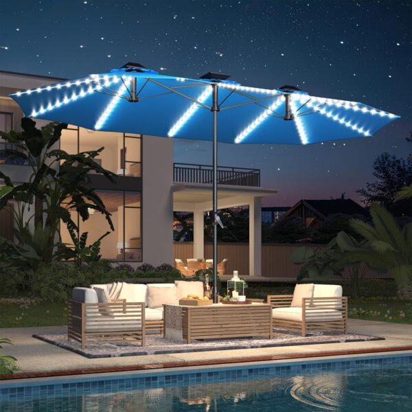 3699d06cb9064866908d1dc2a8df066e 15ft Patio Umbrella with Solar Lights, Large Double Umbrella Outdoor, Rectangle 180''x106'' Umbrellas with 156 PCS LED Lights and Crank Handle for Backyard Deck Pool Shade in Black(1.9" Pole)
