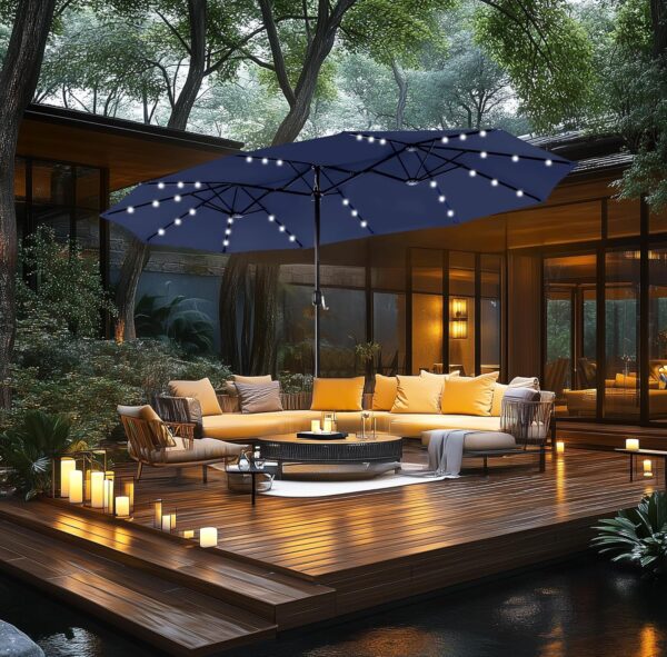 36bca89a42d247c7972569a5adcc3c68 15ft Double Sided Patio Umbrella with Solar Lights, Outdoor Large Umbrellas with Crank Handle and 36 LED Lights, Rectangular Market Umbrella with Base Included for Deck Pool Shade
