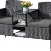 Outdoor Furniture Patio Loveseat Wicker 2-Seat with Built-in Table and Cushions Rattan Porch Chairs Bench for Balcony, Lawn, Backyard (Beige)