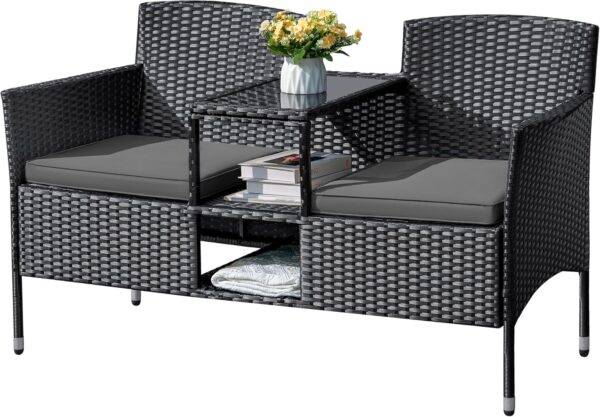 37090536d18c4722b135e4c4679f76c5 Outdoor Furniture Patio Loveseat Wicker 2-Seat with Built-in Table and Cushions Rattan Porch Chairs Bench for Balcony, Lawn, Backyard (Beige)