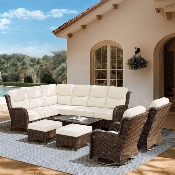 370b365582ea4ea2b461fa694d70333f Outdoor Swivel Rocker Patio Chairs with 6-Inch Thick Cushions and Side Table, 3PCS High Back Wicker Patio Furniture Set for Porch, Balcony, Deck and Yard in Blue