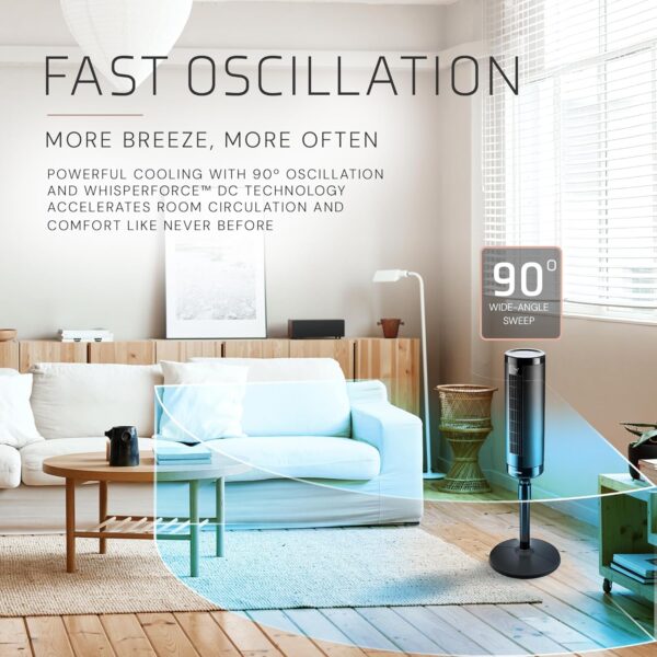 372008b151b0400fb14e47d48fc8ae86 LASKO Elevation 42”-54” Adjustable Height Pedestal Tower Fans for Home, 31 ft/s Airflow, Quiet 28 dB on Low, 90° Oscillation, 12 Hour Timer, Remote Control, Black, EST100