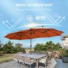 Double Sided Patio Umbrellas - 15ft Solar Lights LED Lighted Outdoor Extra Large Market Table Umbrella with Base Included, Oversized Umbrella for Deck, Pool, Backyard (Beige)