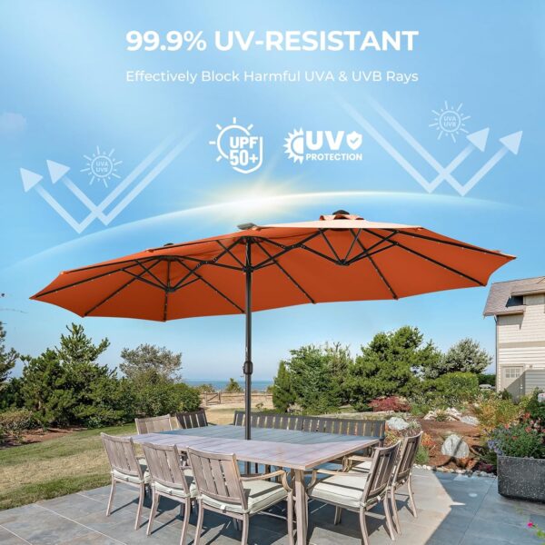 37ab93a5974a4761ae1a73c18fec4c7e Double Sided Patio Umbrellas - 15ft Solar Lights LED Lighted Outdoor Extra Large Market Table Umbrella with Base Included, Oversized Umbrella for Deck, Pool, Backyard (Beige)