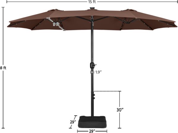 384642120e7842849235aa9149db4853 15 ft Large Patio Umbrella with Solar Lights Double-Sided Outdoor Rectangle Market Umbrellas with 36 LED Lights/Base Included/Easy Crank for Patio Garden Yard Pool Lawn, Brown