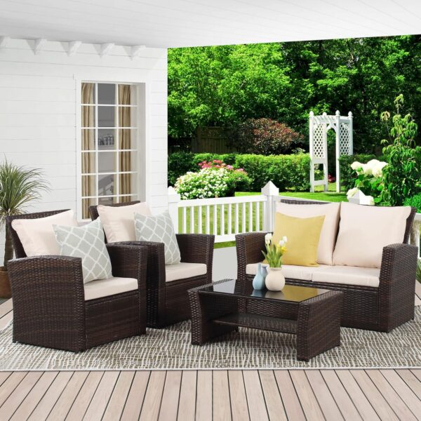 386516aadbfe4572b5bb40561fc35c91 Wisteria Lane 4 Piece Outdoor Patio Furniture Sets, Wicker Conversation Set for Porch Deck, Grey Rattan Sofa Chair with Cushion (Blue