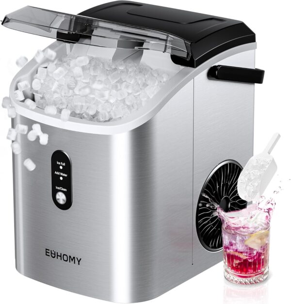 38c4b160661e408cb57611d735a28965 Nugget Ice Maker Countertop with Handle, Ready in 6 Mins, 34lbs Per Day, Removable Top Cover, Auto-Cleaning, Portable Sonic Ice Maker with Basket and Scoop, for Home/Party/RV/Camping (Black)
