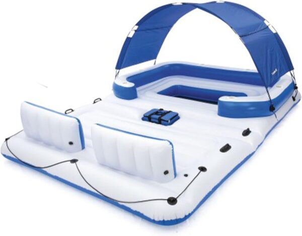 38e63d4812444310a0229764fb1296db Tropical Breeze 6 Person Inflatable Party Island Large Relaxing Water Float with Detachable Sunshade and Cooler Bag