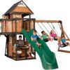 Backyard Discovery Canyon Creek Cedar Wood Swing Set with Wave Slide, Clubhouse, Play Kitchen, Picnic Area, Belt Swings, Web Swing, Rock Wall, Balconies, Playhouse, Step Ladder, Outdoor Playset