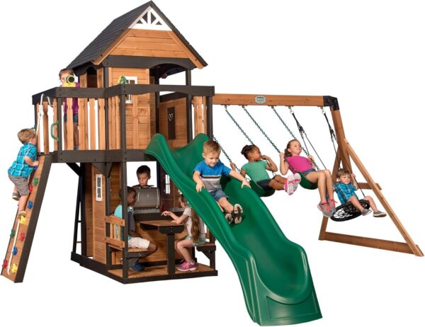 393c76afa61e4614a8b982094d8151e2 Backyard Discovery Canyon Creek Cedar Wood Swing Set with Wave Slide, Clubhouse, Play Kitchen, Picnic Area, Belt Swings, Web Swing, Rock Wall, Balconies, Playhouse, Step Ladder, Outdoor Playset