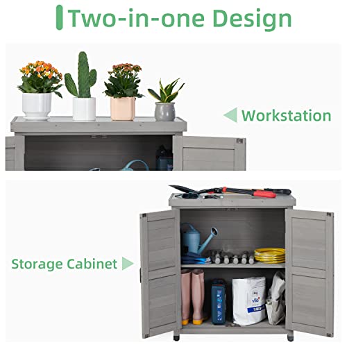 39846ef88c184f29a3ac76ab1aecda95 Potting Bench with Storage Cabinet and Metal Table Top for Outdoor Patio, Garden Furniture Wood Workstation