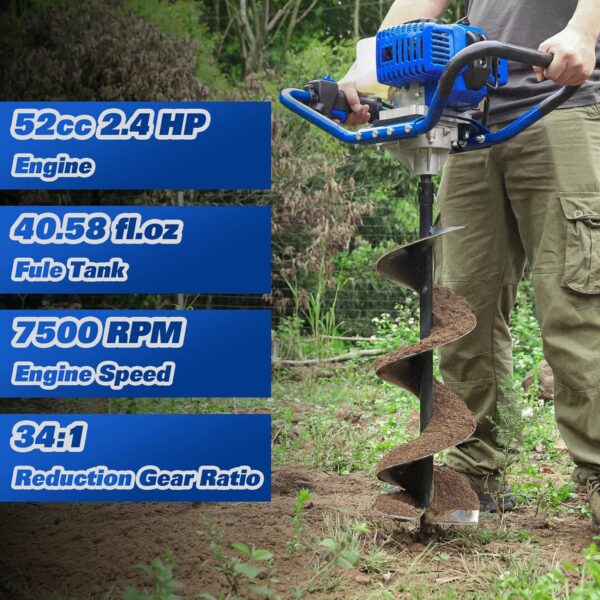 399ba00cd28849bc9d70bb57f9658598 Post Hole Digger Gas Powered, 52cc 2.4 HP 2 Stroke Engine Earth Auger with 8" Drill Bit, EPA Compliant Post Hole Auger
