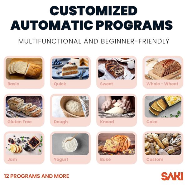 Saki 12-In-1 Programmable Bread Machine with Digital Touch Control Panel