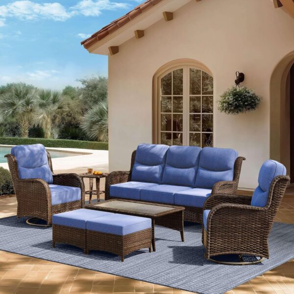 3b7ea038f7584fc5a54b4b24ea3da8e7 Outdoor Swivel Rocker Patio Chairs with 6-Inch Thick Cushions and Side Table, 3PCS High Back Wicker Patio Furniture Set for Porch, Balcony, Deck and Yard in Blue