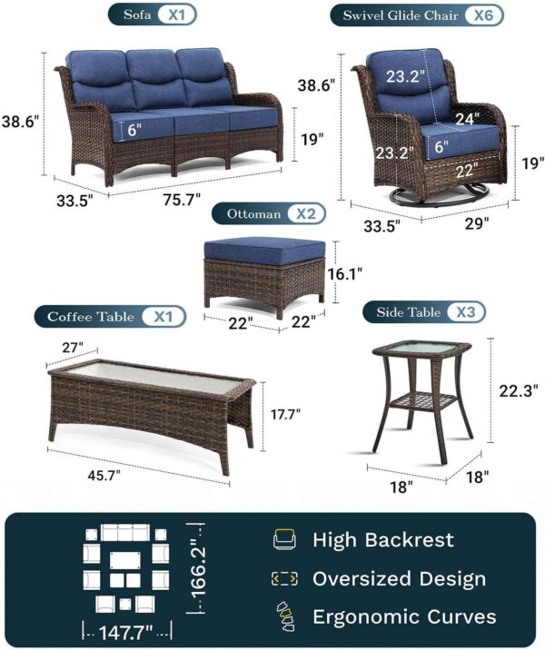 3b800c9bf923479bb660d1317b65bc0f Outdoor Swivel Rocker Patio Chairs with 6-Inch Thick Cushions and Side Table, 3PCS High Back Wicker Patio Furniture Set for Porch, Balcony, Deck and Yard in Blue