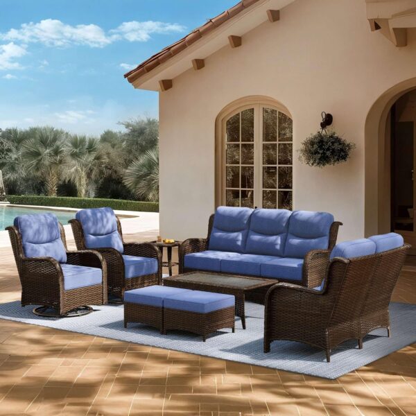 3bd8fa69146c49c3a92074ea166e203b Outdoor Swivel Rocker Patio Chairs with 6-Inch Thick Cushions and Side Table, 3PCS High Back Wicker Patio Furniture Set for Porch, Balcony, Deck and Yard in Blue