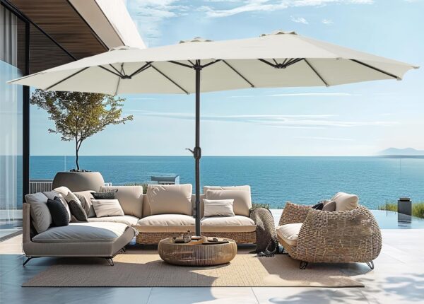 3cad8a2d80e644289841c4a5cd8595c9 15ft Patio Umbrella Double-Sided Outdoor Market Extra Large Umbrella with Crank, Umbrella Base Included (Dark Red)