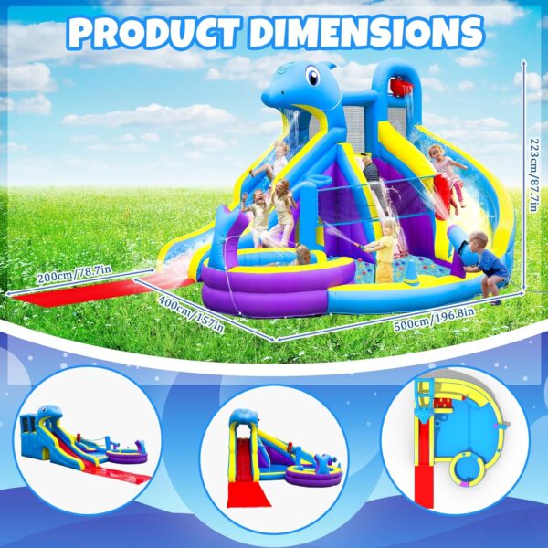 3cd3453d38f345b2abb97d75a1937196 11-in-1 Inflatable Water Slide & Dolphin Bounce House w/2 Long Slides, 19.7 Ft x 13.1 Ft Extra Large Waterslide Climbing Wall w/Small Deeper Pool,Water Cannons,Hoop for Kids Backyard,550W Blower