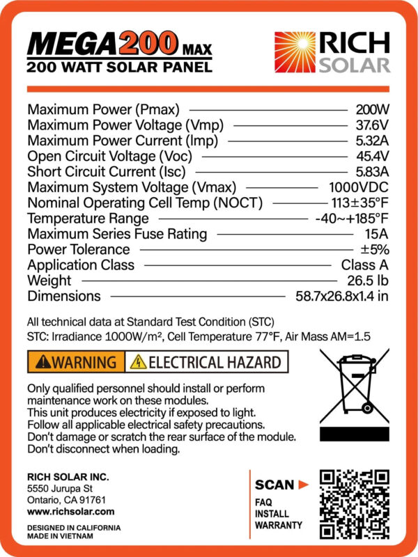 Mega 200 Watt 24 Volt Solar Panel