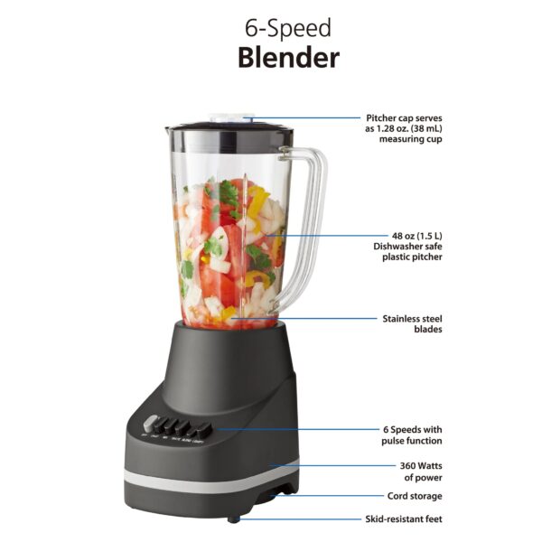 Mainstays 6 Speed Blender with 48 Ounce Jar, 360 Watt, Black, New