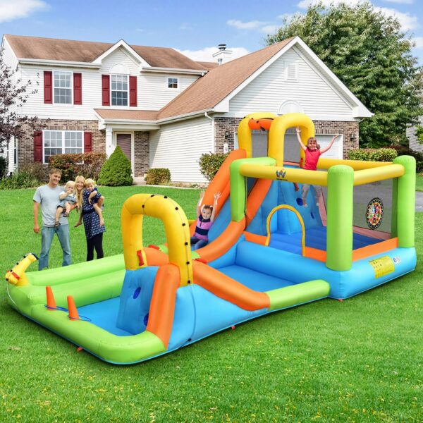 3ebefe986aab430fb6158cb6b4982158 Costway Inflatable Water Slide Park Bounce House Splash Pool with 750W Blower