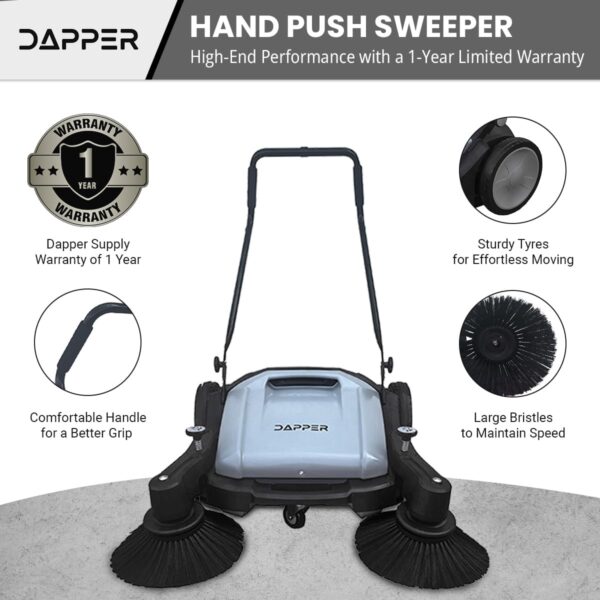 3f2cedd762fe4b1f9aa94f124f33c556 Walk-Behind Outdoor Hand Push Floor Sweeper - 5.25 Gallon Capacity - 25.5" Sweeping Width - Sweeps up to 27,900 ft² / Hour, Grey