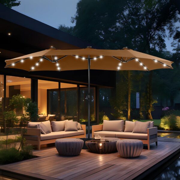 3f5baa0139764714a95541ed541a3c71 15ft Double Sided Patio Umbrella with Solar Lights, Outdoor Large Umbrellas with Crank Handle and 36 LED Lights, Rectangular Market Umbrella with Base Included for Deck Pool Shade