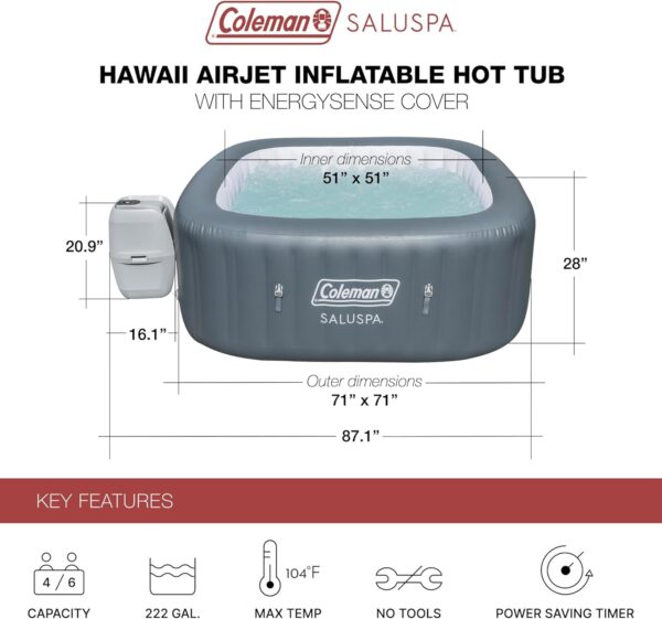 40dcb7b646b24c978332c374c35d8cd1 4 to 6 Person Inflatable Hot Tub Square Portable Outdoor Spa with 114 Soothing AirJets and Insulated Cover, Gray-Coleman