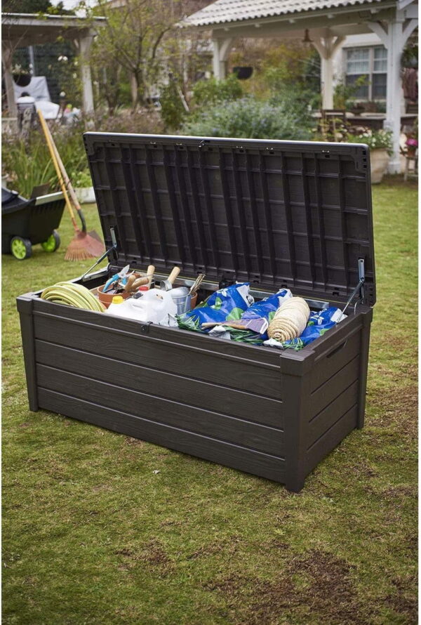 40df125a3fc149169f1414a4d1ba3f3f 120 Gallon Weatherproof Backyard Deck Box Outdoor Patio Furniture, Lockable Patio Storage Container & Pool Accessory Organizer, Brown