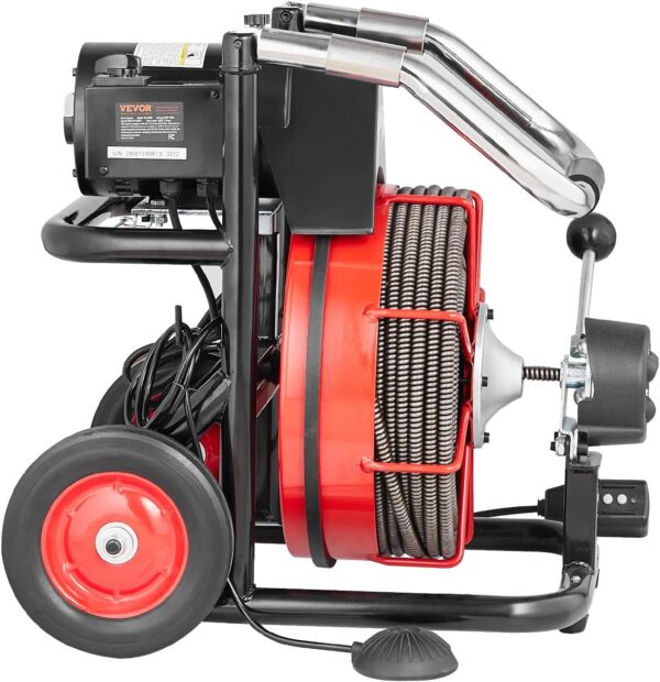 41364a5a0fdd4a538d8fbe60b801b990 VEVOR Drain Cleaner Machine 100FT x 1/2 Inch, Auto Feed Sewer Snake Auger on Wheels, 550W Portable Drain Cleaning Machine with 8 Cutters & Air-activated Foot Switch for 2" to 4" Pipes