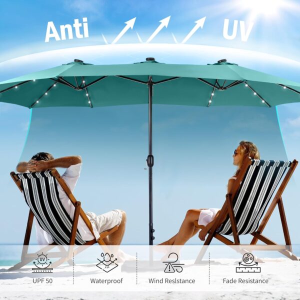 4143e3deb0524ac68d775b37be8c7e88 15ft Double Sided Patio Umbrella with Solar Lights, Outdoor Large Umbrellas with Crank Handle and 36 LED Lights, Rectangular Market Umbrella with Base Included for Deck Pool Shade