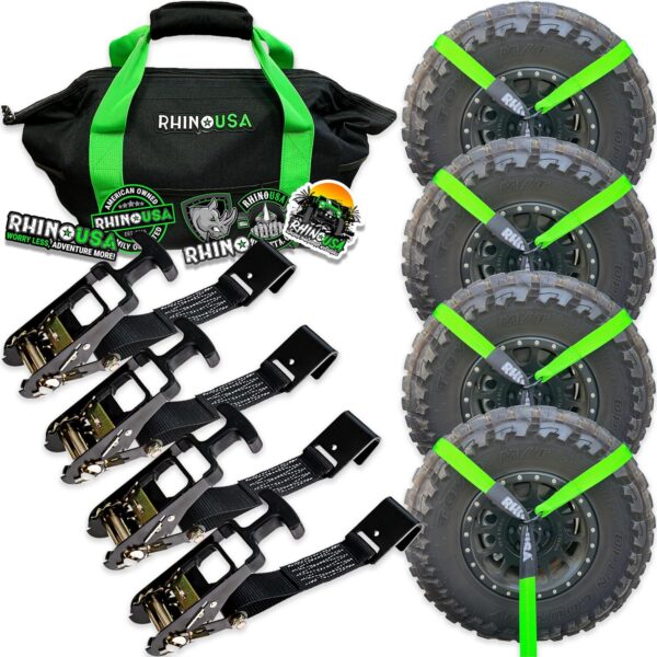 4152e55fb8f54bea97c3d5b108d05f14 Car Tie Down Straps for Trailers with Flat Hooks (4-Pack) - 2 Inch x 8 Feet (10,000lb Break Strength) - Heavy Duty T-Handle Car Lasso Tire Straps for Trailer & UTV - Black