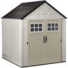 Rubbermaid 7×7 Ft Durable Weather Resistant Resin Outdoor Garden Storage Shed with Windows and Utility Hooks, Sand