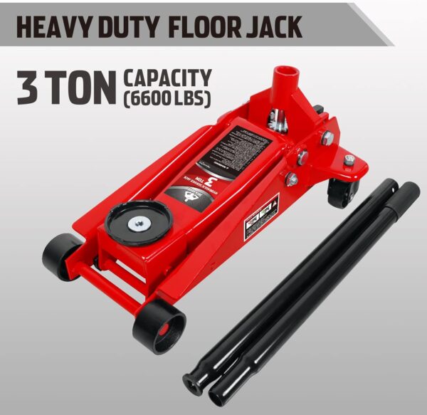 421df89e05f0451a95d2b9fb0c0f8aaa 3 Ton Low Profile, Aluminum and Steel Racing Floor Jack with Dual Pistons Quick Lift Pump for Sport Utility Vehicle, Lifting Range 3-15/16" min to 18-5/16" max, Red