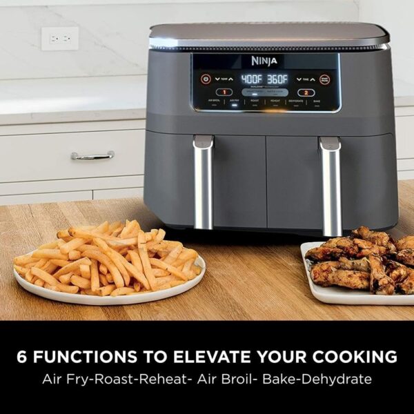 425a650aab9545b49e1ecdd080450845 DZ401 Foodi 10 Quart 6-in-1 DualZone XL 2-Basket Air Fryer with 2 Independent Frying Baskets, Match Cook & Smart Finish to Roast, Broil, Dehydrate for Quick, Easy Family-Sized Meals, Grey