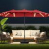Double Sided Patio Umbrellas - 15ft Solar Lights LED Lighted Outdoor Extra Large Market Table Umbrella with Base Included, Oversized Umbrella for Deck, Pool, Backyard (Beige)