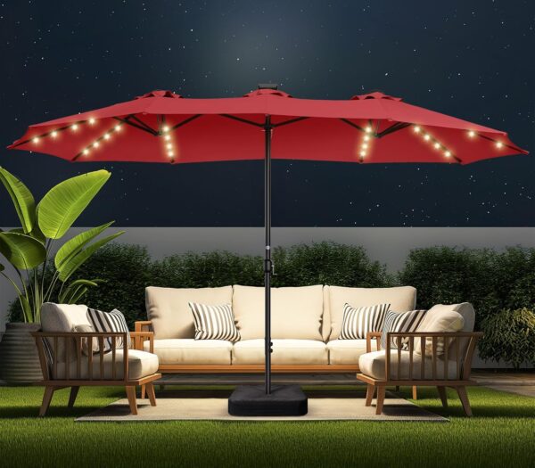 42ba975025b74409978ccac107a4191e Double Sided Patio Umbrellas - 15ft Solar Lights LED Lighted Outdoor Extra Large Market Table Umbrella with Base Included, Oversized Umbrella for Deck, Pool, Backyard (Beige)