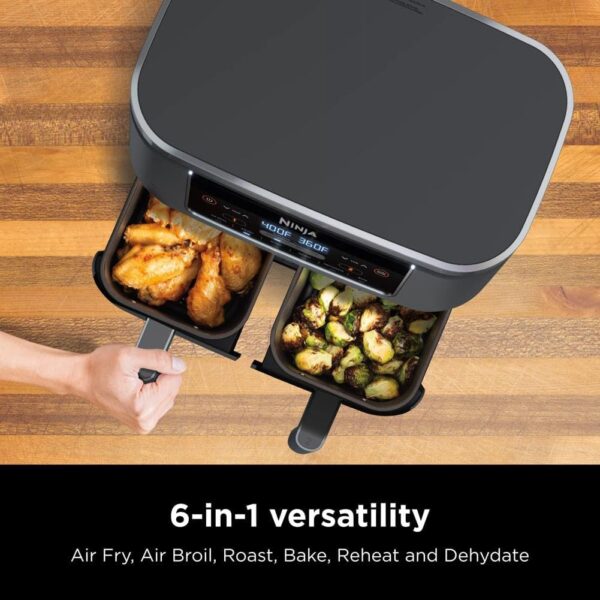433bdb0dbb8a476f83b753c786808f71 DZ401 Foodi 10 Quart 6-in-1 DualZone XL 2-Basket Air Fryer with 2 Independent Frying Baskets, Match Cook & Smart Finish to Roast, Broil, Dehydrate for Quick, Easy Family-Sized Meals, Grey
