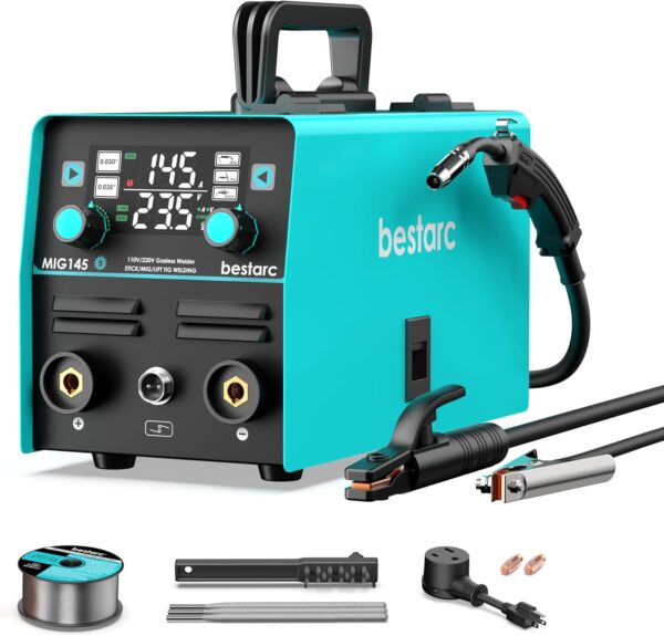 433c22c8e44c4e0f86bf4226df00f587 145A MIG Welder, 110V/220V Dual Voltage Gas/Gasless Flux Core MIG Welder/Lift TIG/Stick 3 in 1 Synergic MIG145 9GEN Welding Machine, Flux/Solid Welder Digital Screen Display